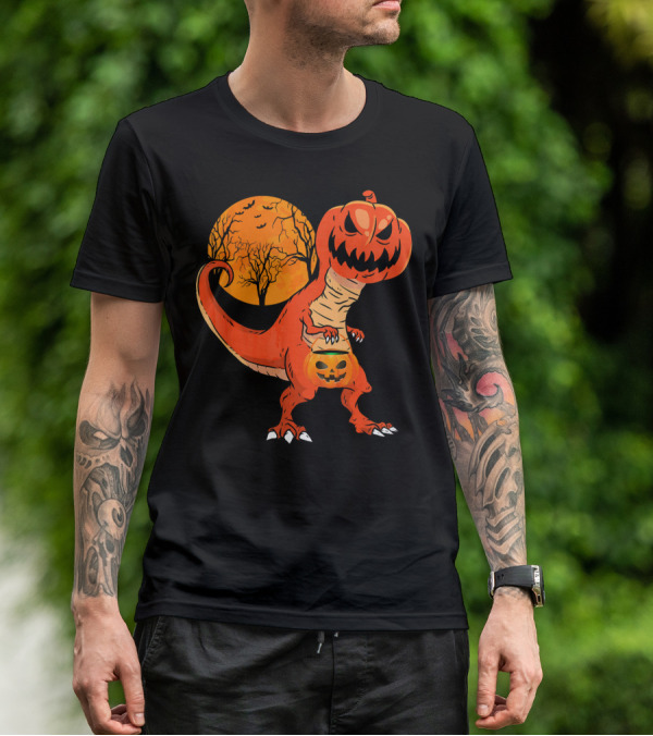 Funny Halloween Dinosaur Pumpkin Head Tree Shadow T-Shirt