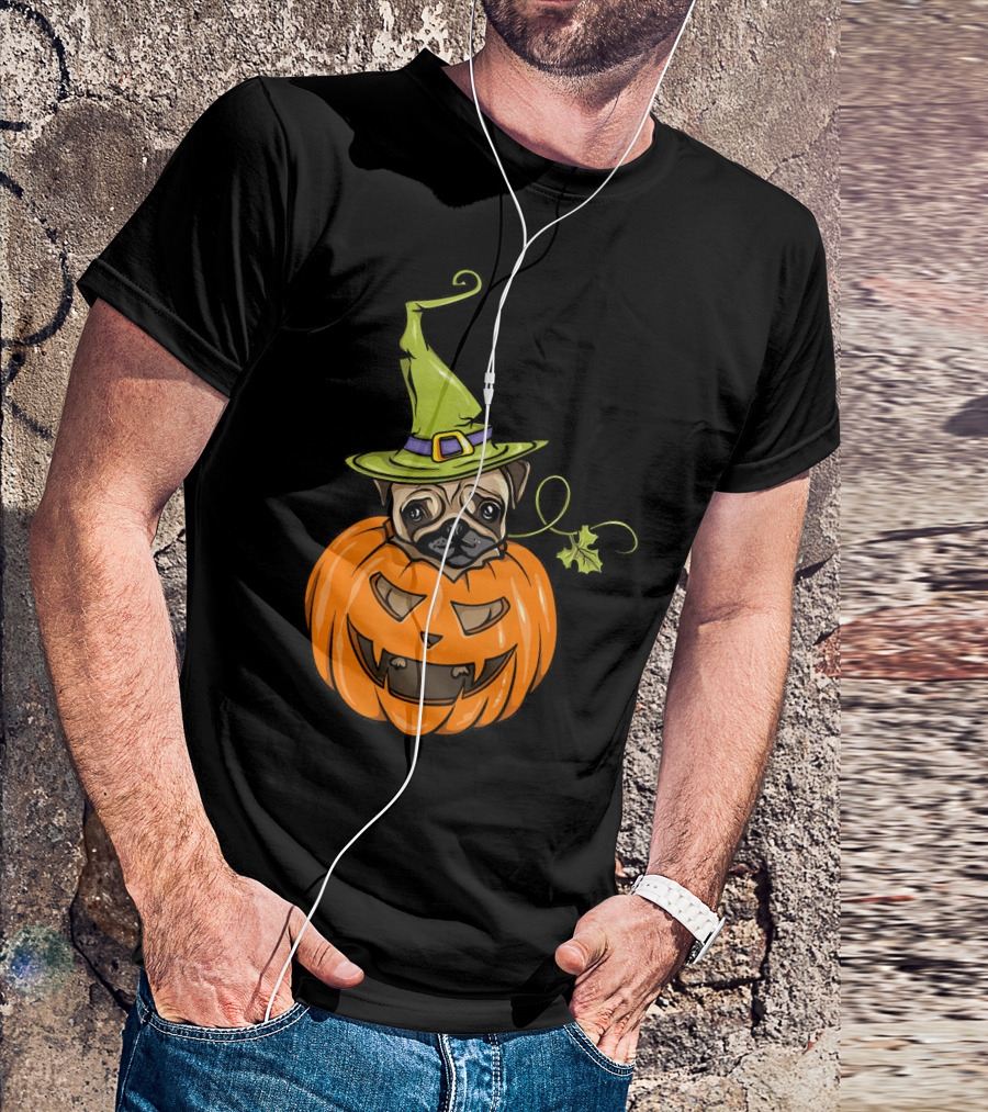 Pumpkin Pug Witch Halloween Costume Women T-Shirt