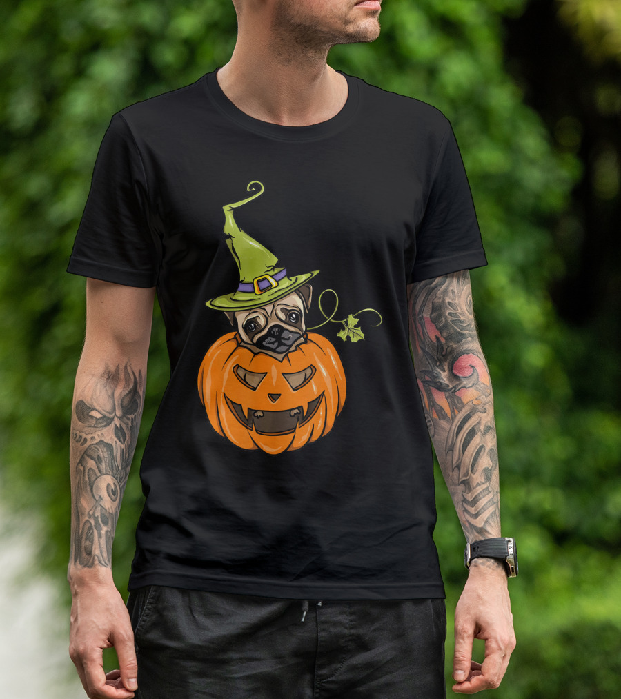 Pumpkin Pug Witch Halloween Costume Women T-Shirt