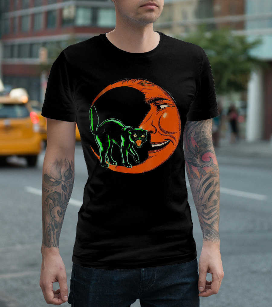 Vintage Halloween Beistle Cat on Crescent Moon T-Shirt