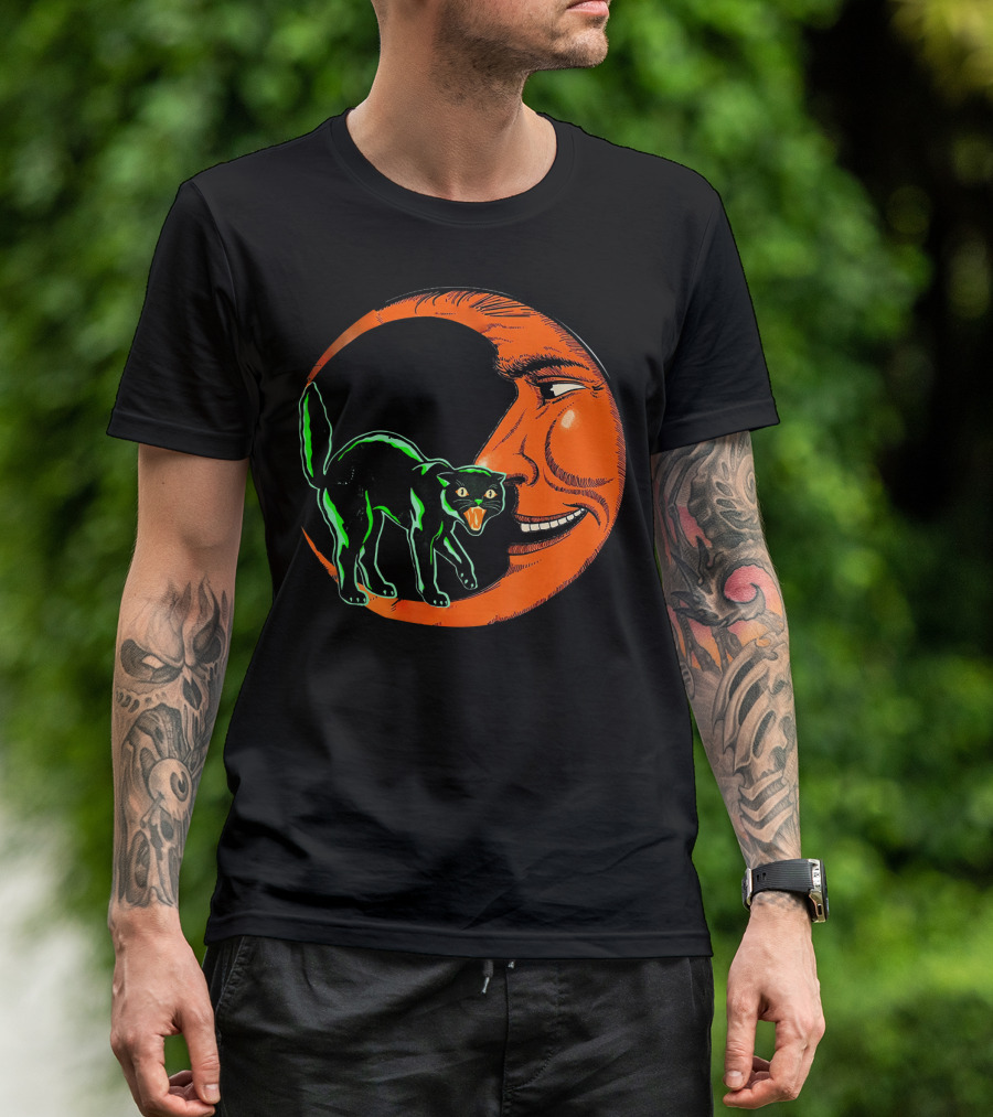 Vintage Halloween Beistle Cat On Crescent Moon T-Shirt