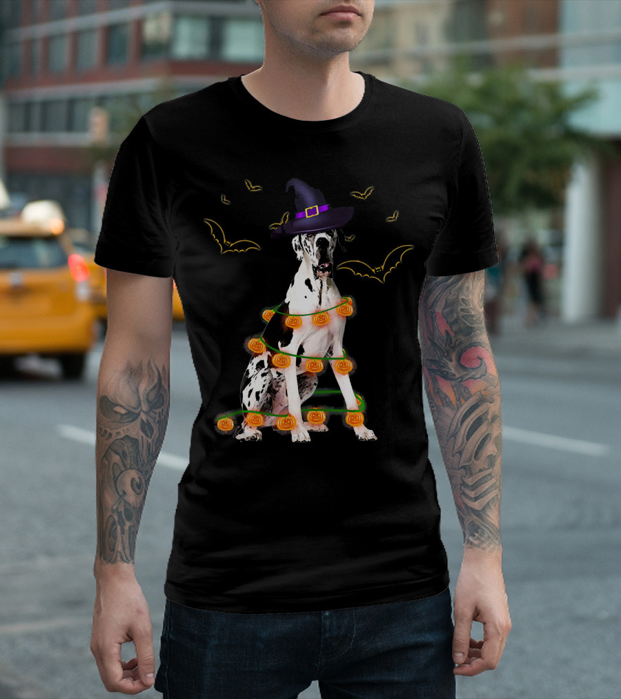 Halloween Great Dane Dog with Witch Hat and Pumpkin Lights Surrounded by Bats T-Shirt