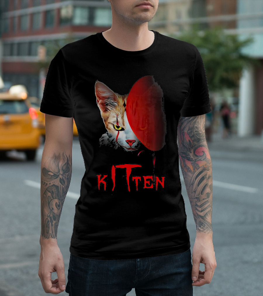 Kitten Cat Halloween Clown Red Balloon Horror T-Shirt