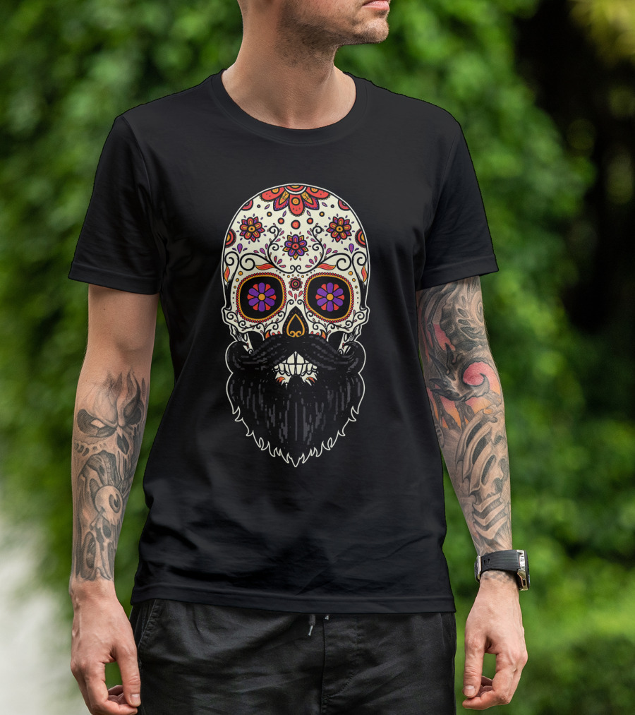 Beard Sugar Skull Floral Pattern Día De Los Muertos T-Shirt