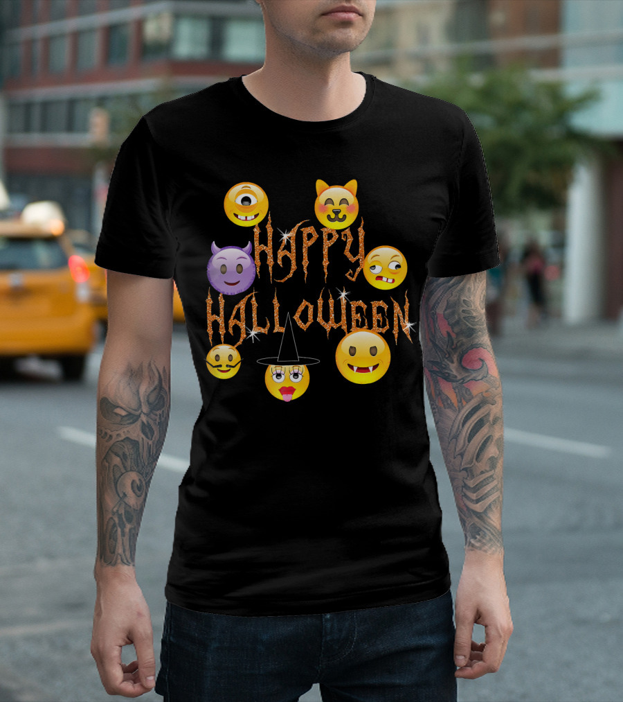 Happy Halloween Emoji Faces Devil Cat Vampire Witch Pumpkin Monster Cyclops T-Shirt