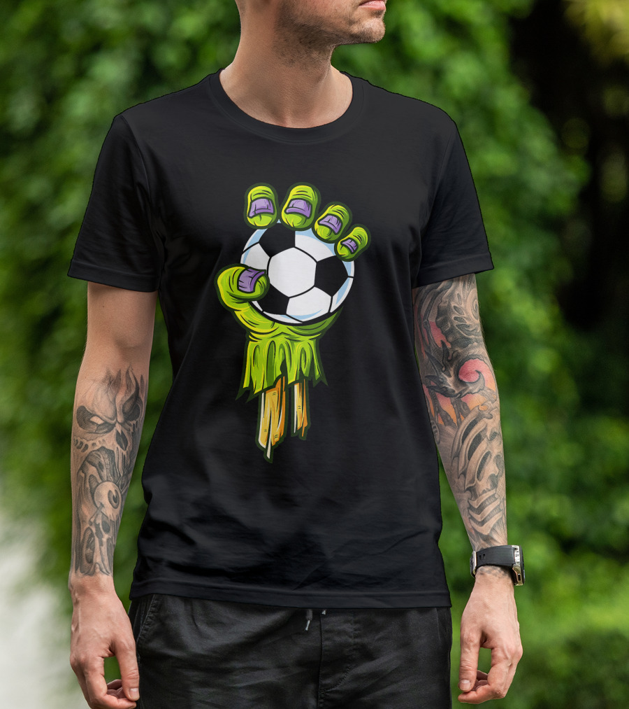 Zombie Hands Grabbing Soccer Ball Funny Horror Scary T-Shirt