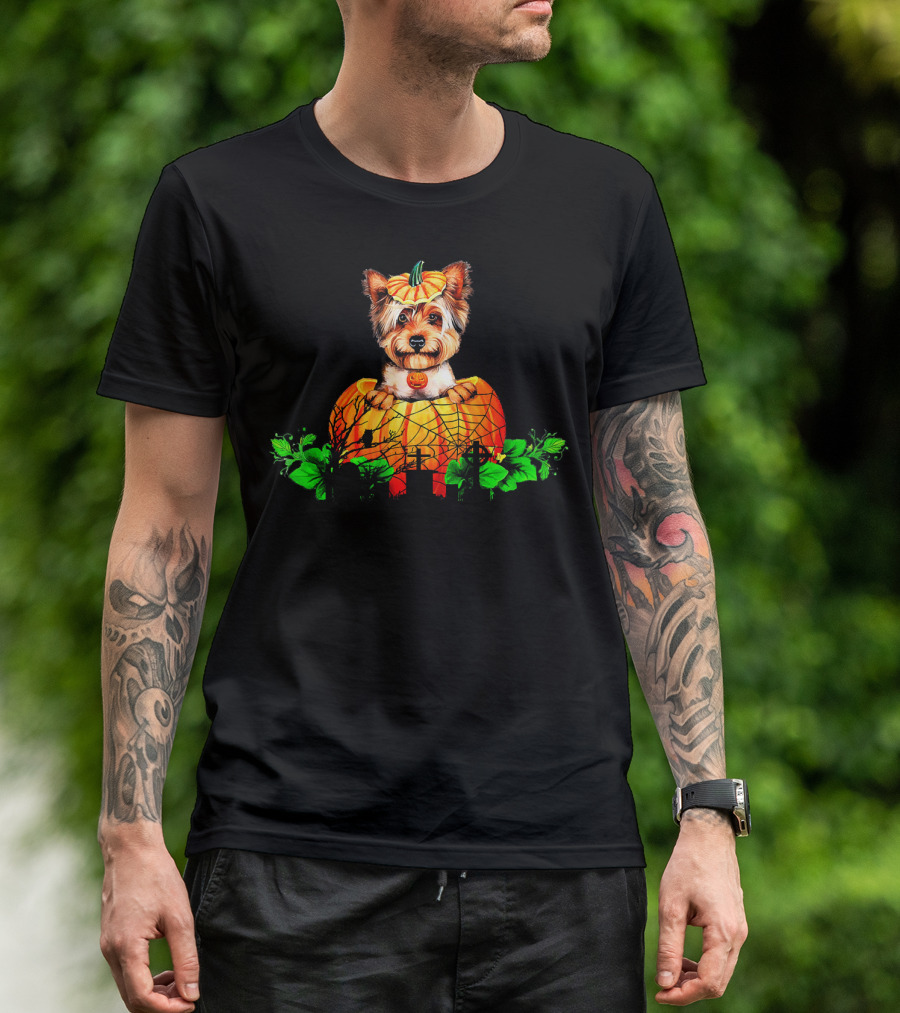 Yorkie Puppy With Pumpkin And Green Leaves Halloween T-Shirt