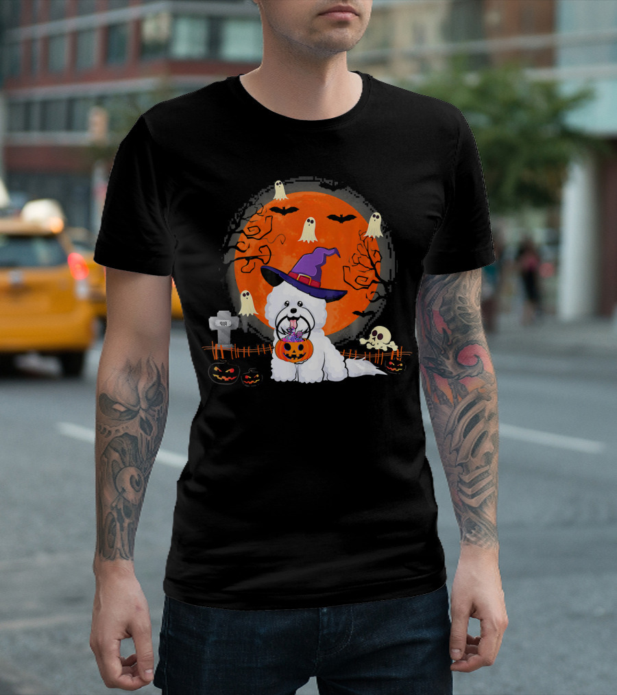 Bichon Frise Dog Witch Halloween Ghosts Jack-o'-Lantern T-Shirt