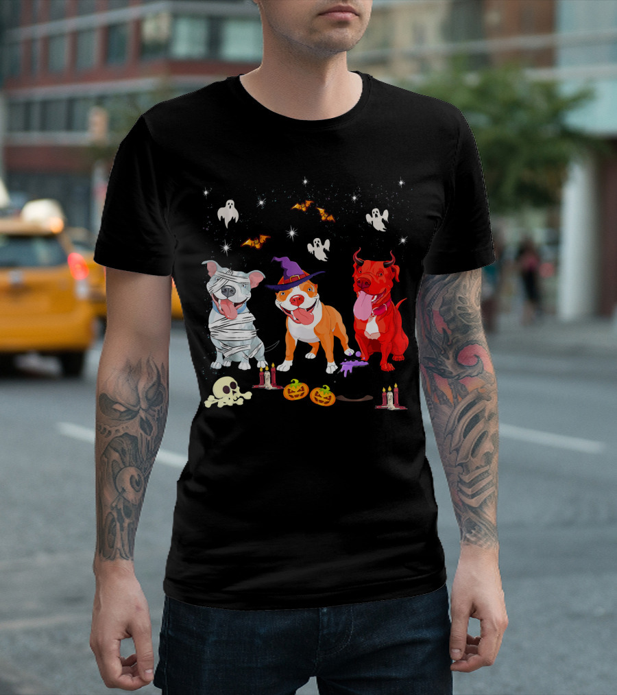 Three Pitbulls Halloween Ghosts Bats Pumpkins Candles Skulls Stars T-Shirt