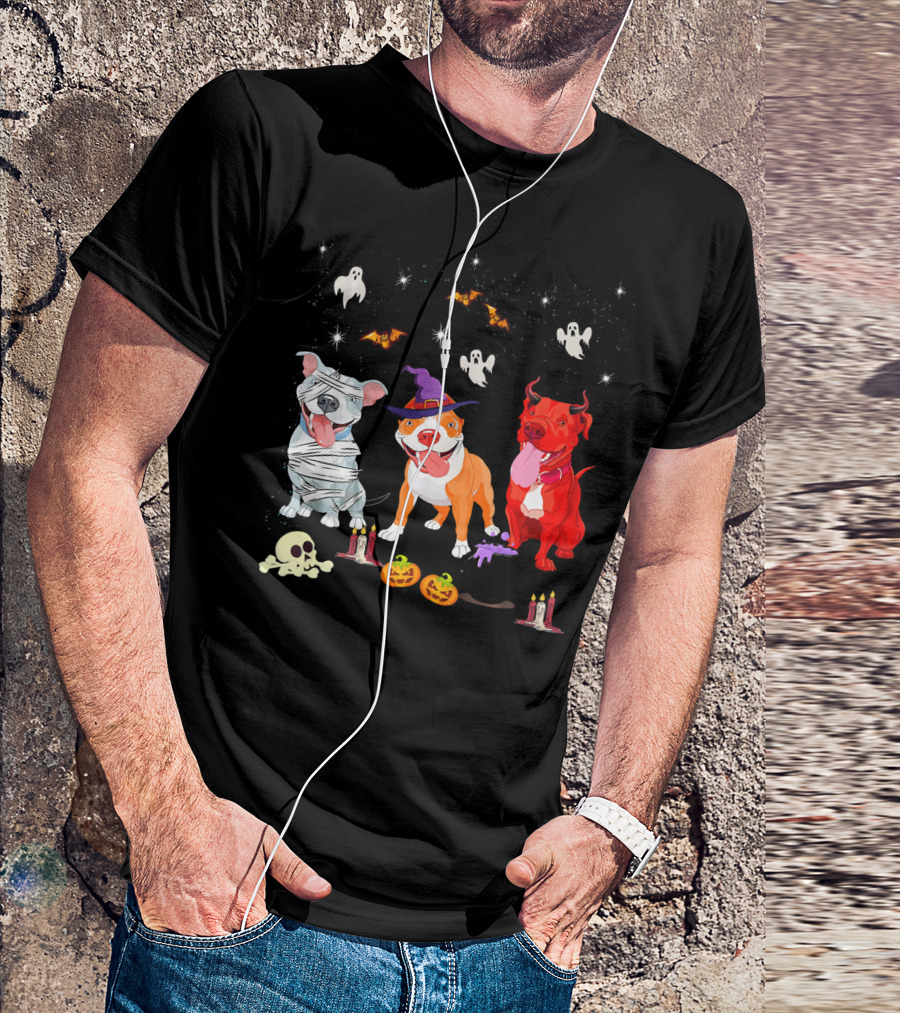 Three Pitbulls Halloween Ghosts Bats Pumpkins Candles Skulls Stars T-Shirt