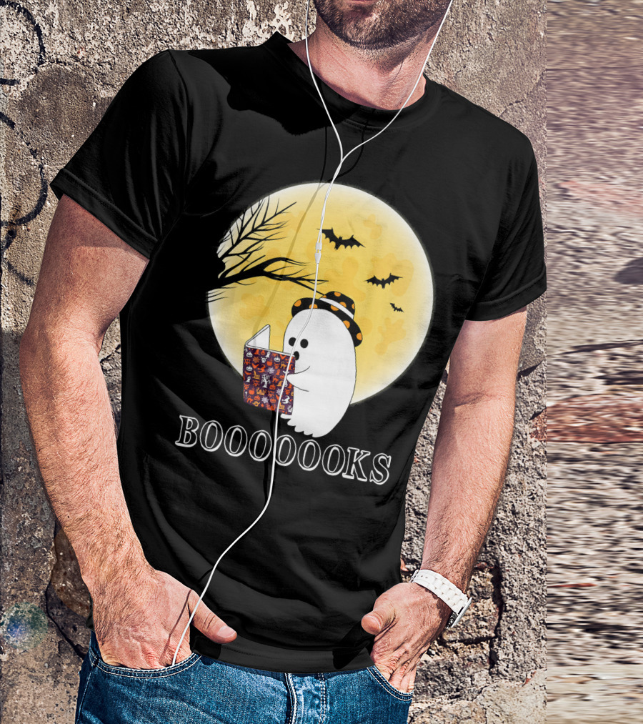 Booooooks Boo Ghost Reading Under The Full Moon Halloween T-Shirt