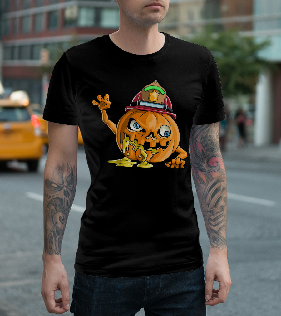 Zombie Pumpkin Firefighter Halloween Jack-O'-Lantern with Fireman's Helmet T-Shirt