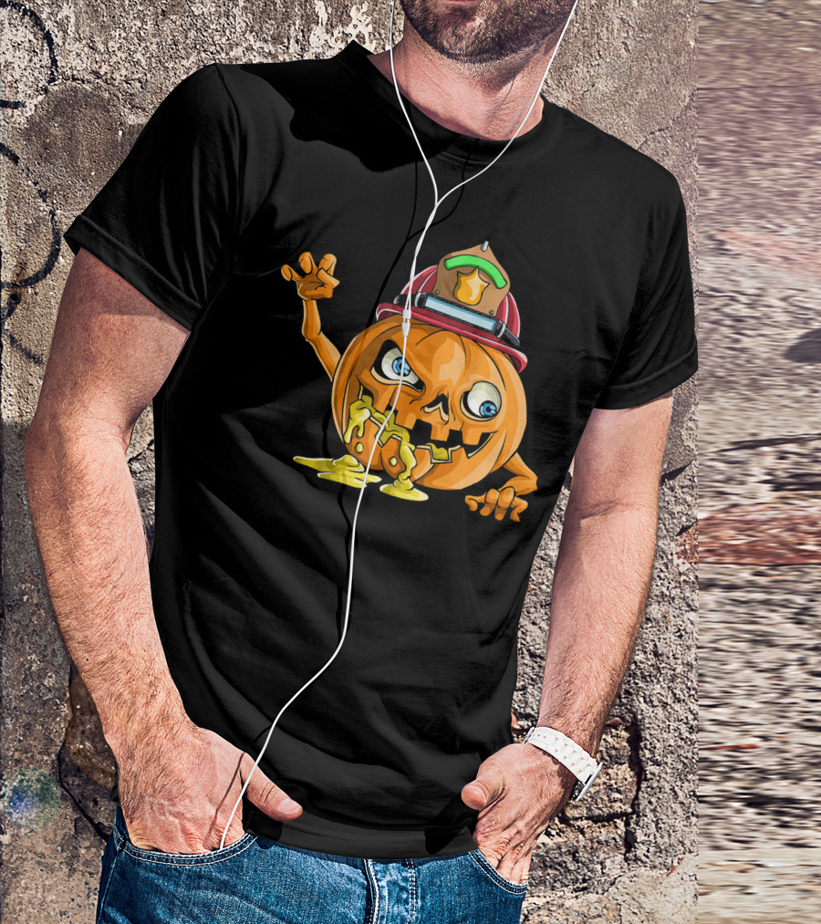 Zombie Pumpkin Firefighter Halloween Jack-O'-Lantern With Fireman's Helmet T-Shirt