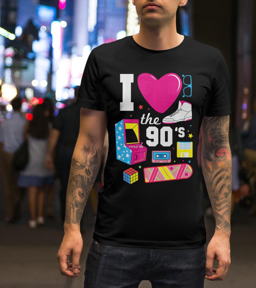 I Love The 90s Retro Arcade Cassette Sneaker Skateboard Rubik's Cube Floppy Disk T-Shirt