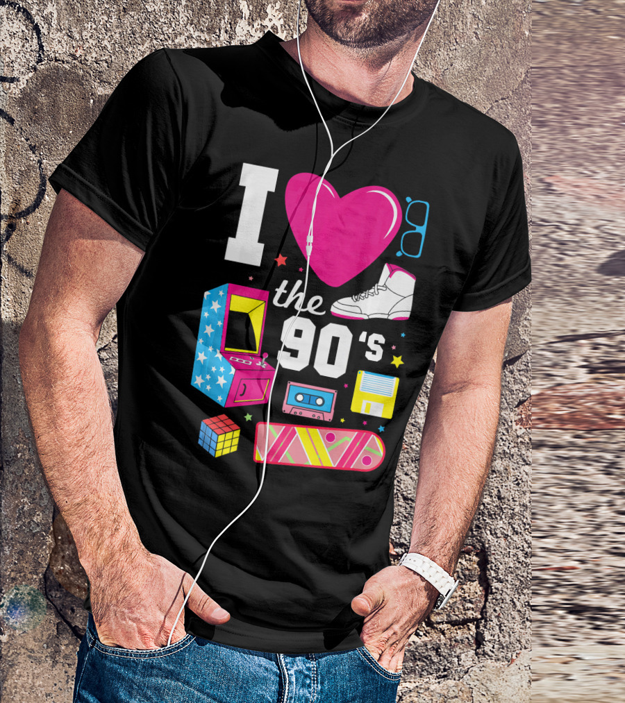 I Love The 90s Retro Arcade Cassette Sneaker Skateboard Rubik's Cube Floppy Disk T-Shirt