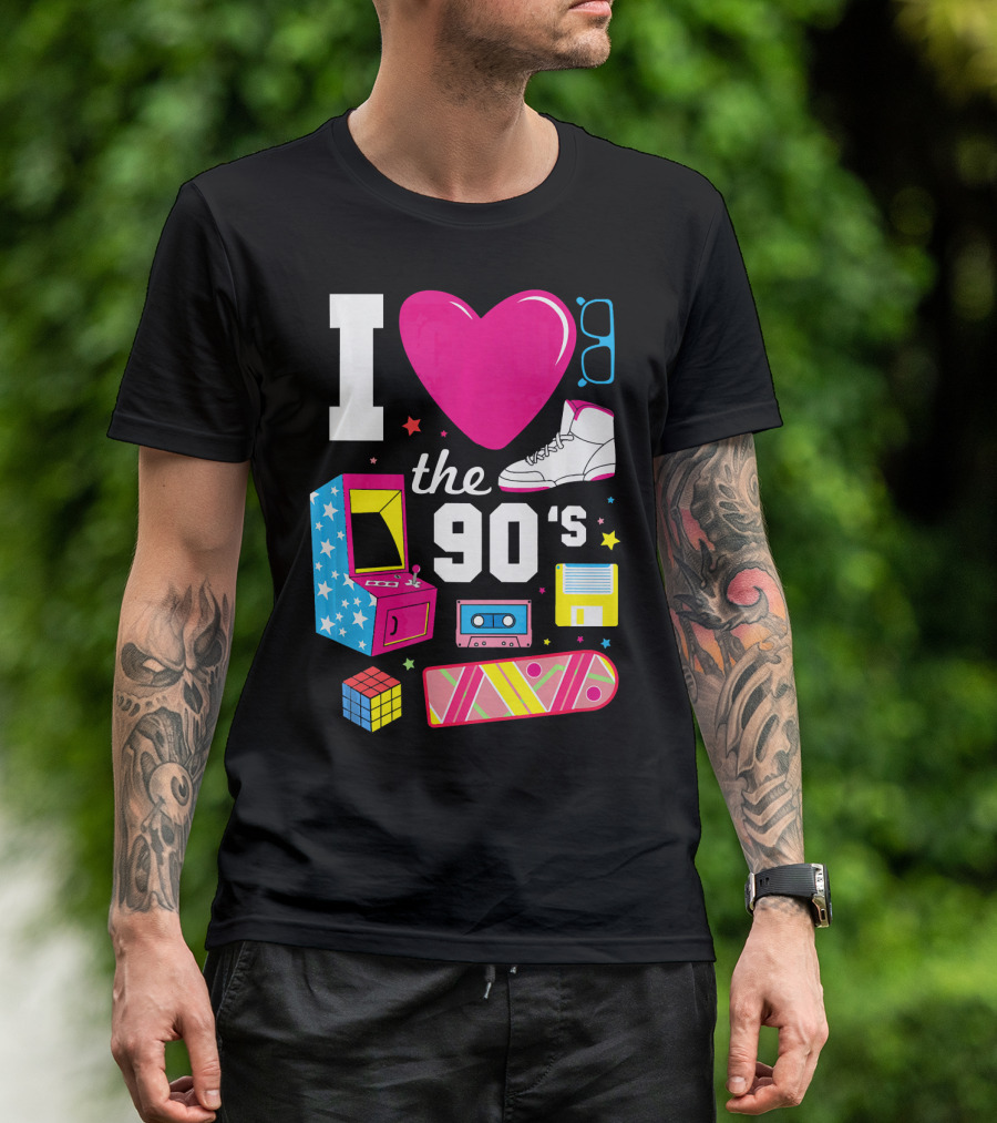 I Love The 90s Retro Arcade Cassette Sneaker Skateboard Rubik's Cube Floppy Disk T-Shirt