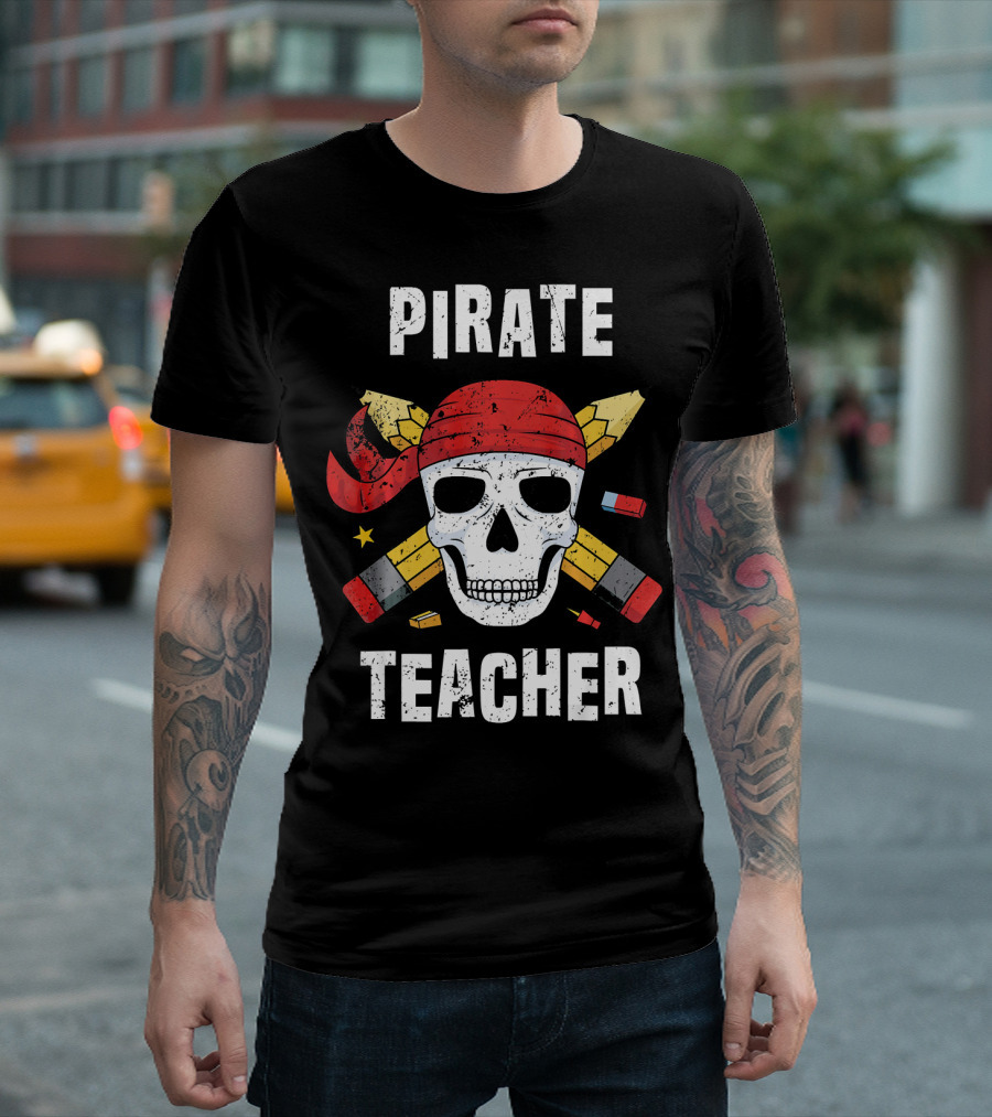 Pirate Teacher Skull with Pencils and Bandana T-Shirt
