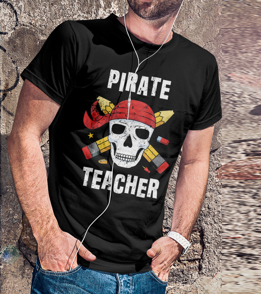 Pirate Teacher Skull With Pencils And Bandana T-Shirt