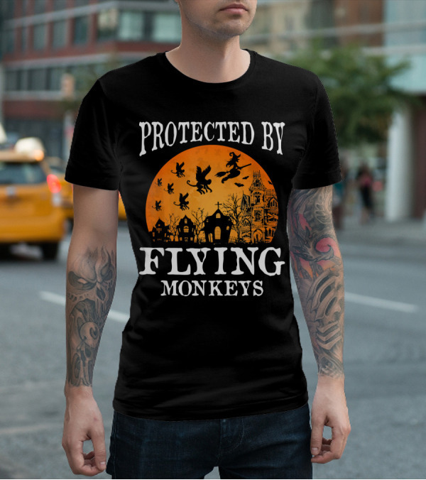 Protected By Flying Monkeys Halloween Witch Silhouette Orange Moon Mansion Scene T-Shirt