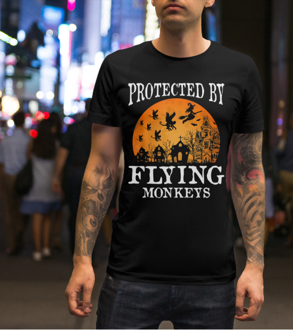 Protected By Flying Monkeys Halloween Witch Silhouette Orange Moon Mansion Scene T-Shirt