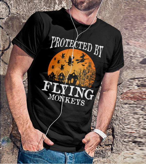 Protected By Flying Monkeys Halloween Witch Silhouette Orange Moon Mansion Scene T-Shirt