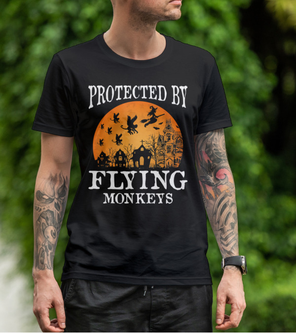 Protected By Flying Monkeys Halloween Witch Silhouette Orange Moon Mansion Scene T-Shirt
