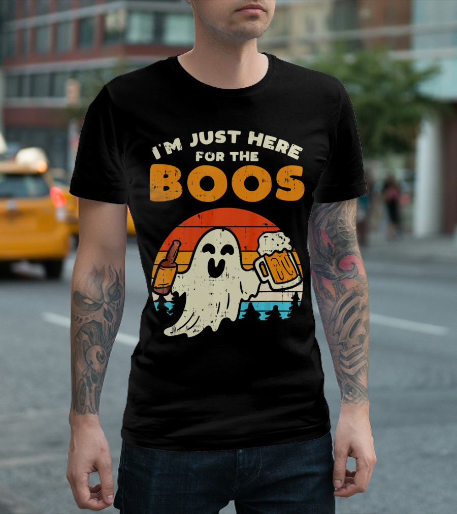 I'm Just Here For The Boos Retro Ghost with Drink and Bee T-Shirt