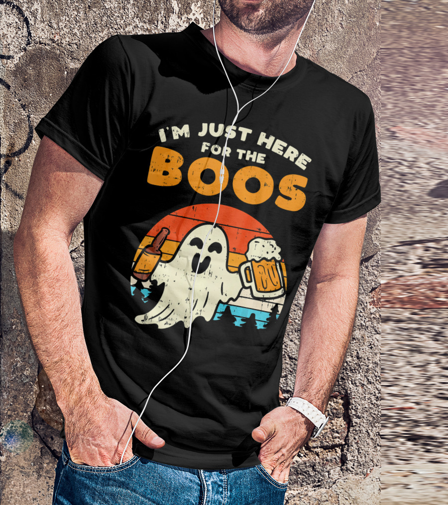I'm Just Here For The Boos Retro Ghost With Drink And Bee T-Shirt