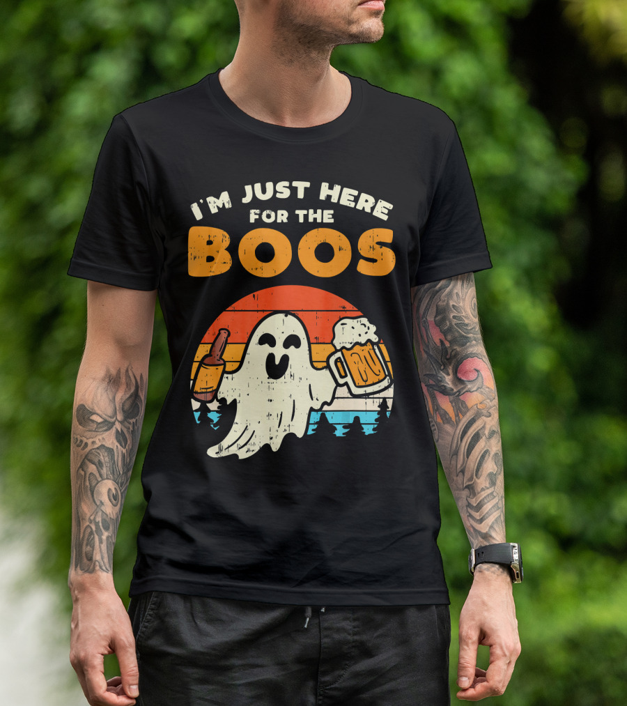 I'm Just Here For The Boos Retro Ghost With Drink And Bee T-Shirt