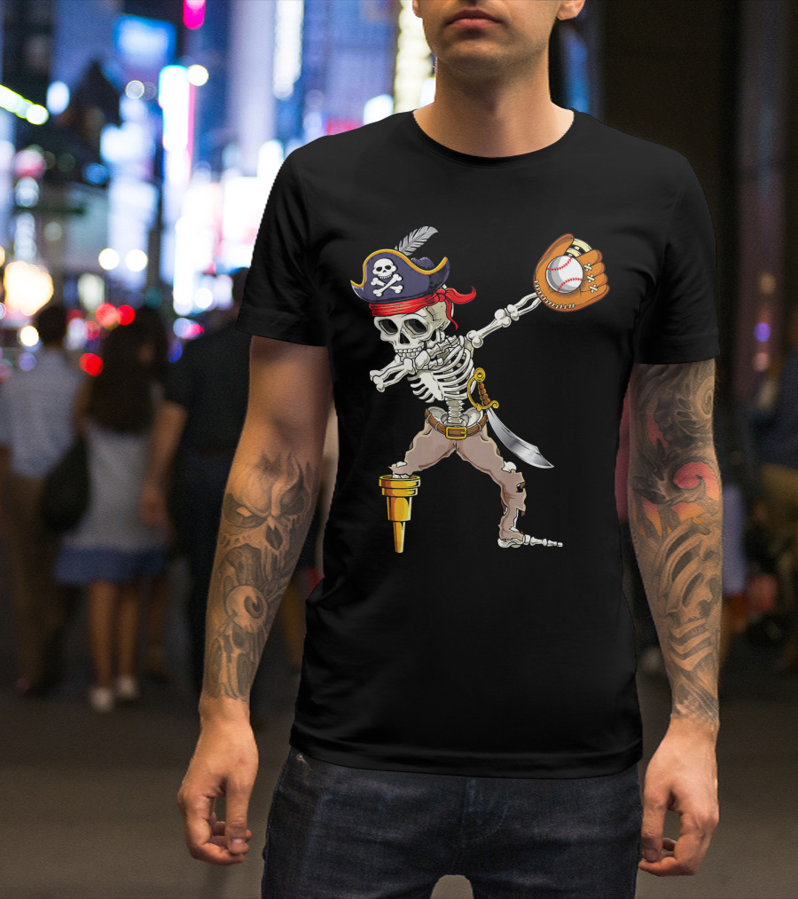 Pirate Skeleton Dabbing With Baseball Glove And Ball T-Shirt