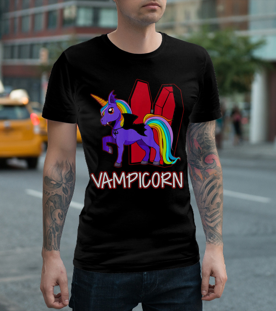Vampicorn Rainbow Unicorn Vampire with Coffin Wings T-Shirt