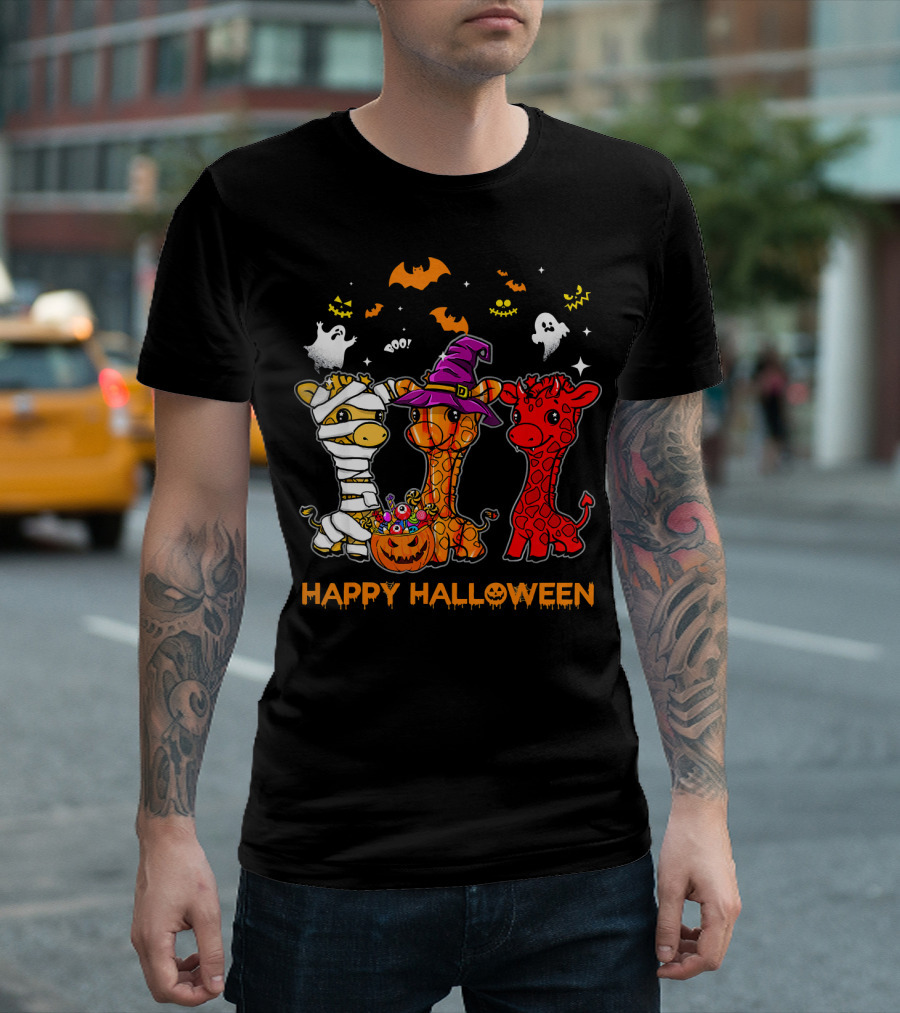 Giraffe Trio in Halloween Costumes with Ghosts and Pumpkin Candy Happy Halloween Cute Mum T-Shirt