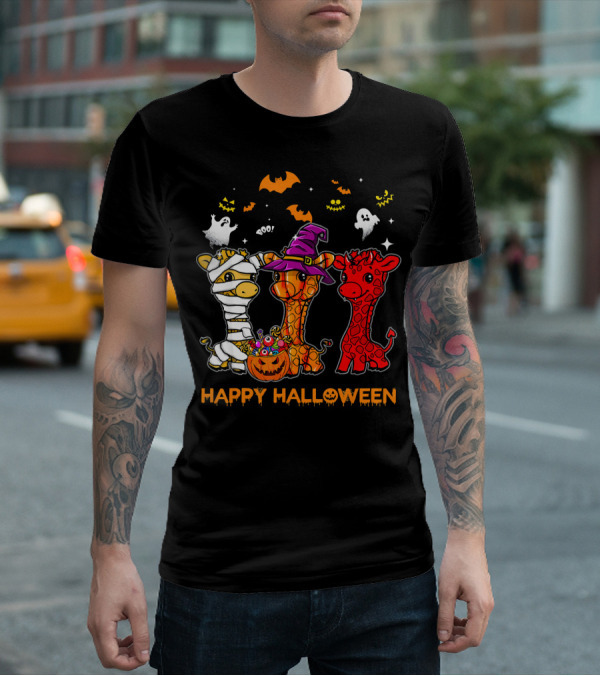 Giraffe Trio In Halloween Costumes With Ghosts And Pumpkin Candy Happy Halloween Cute Mum T-Shirt