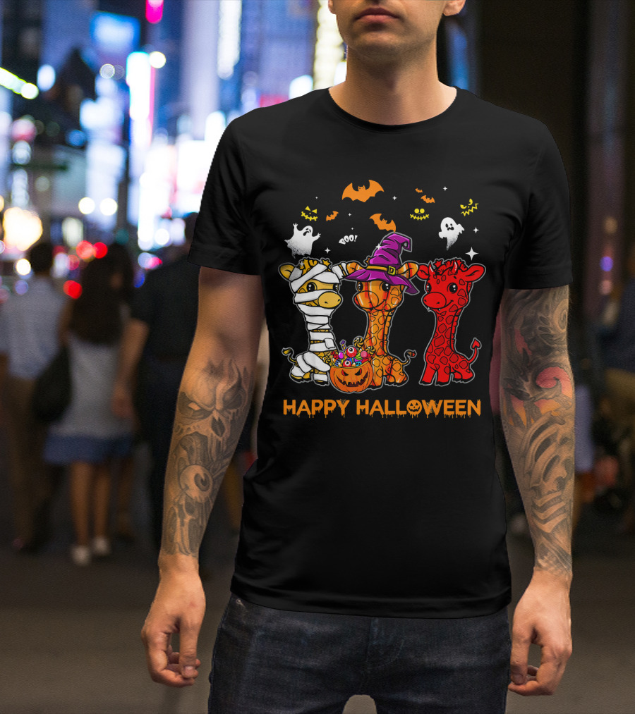 Giraffe Trio In Halloween Costumes With Ghosts And Pumpkin Candy Happy Halloween Cute Mum T-Shirt