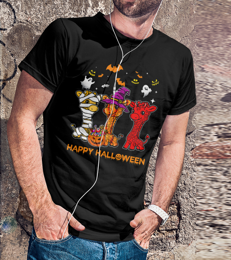 Giraffe Trio In Halloween Costumes With Ghosts And Pumpkin Candy Happy Halloween Cute Mum T-Shirt