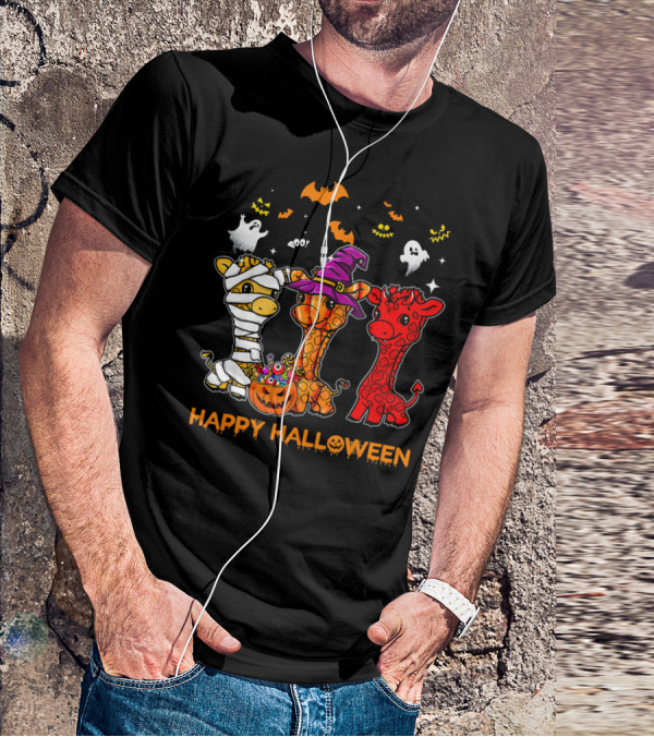 Giraffe Trio In Halloween Costumes With Ghosts And Pumpkin Candy Happy Halloween Cute Mum T-Shirt