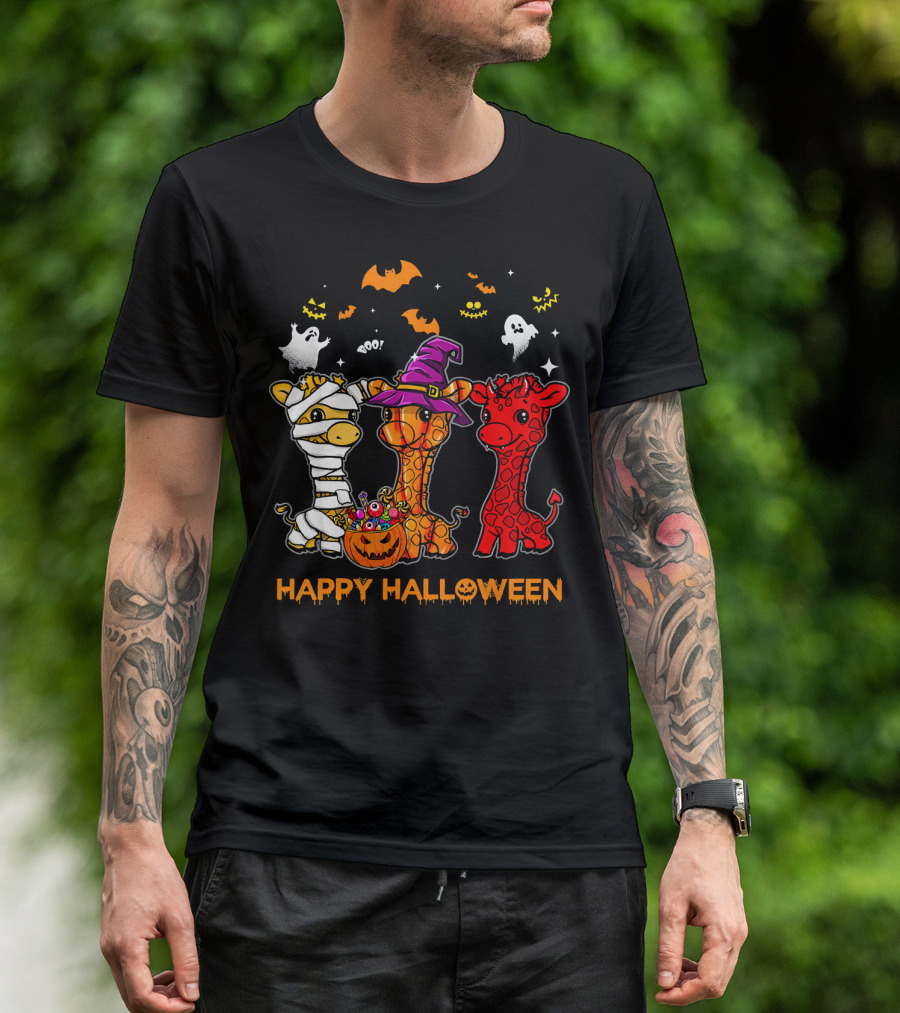 Giraffe Trio In Halloween Costumes With Ghosts And Pumpkin Candy Happy Halloween Cute Mum T-Shirt