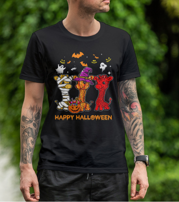 Giraffe Trio In Halloween Costumes With Ghosts And Pumpkin Candy Happy Halloween Cute Mum T-Shirt