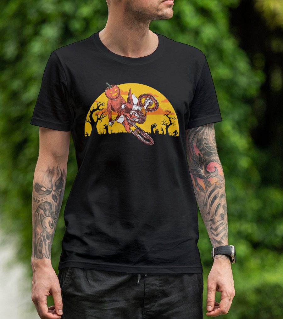 Halloween Pumpkin Head Motocross Trick With Haunted Trees And Sunset T-Shirt