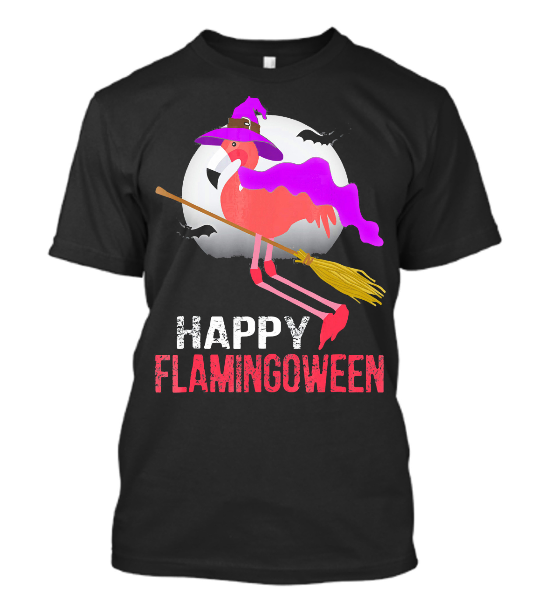 Happy Flamingoween Witch With Flamingo On Broomstick T-Shirt