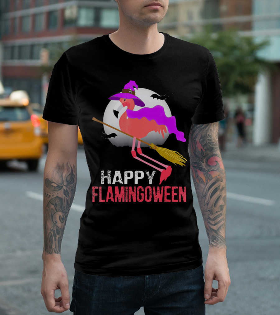 Happy Flamingoween Witch with Flamingo on Broomstick T-Shirt