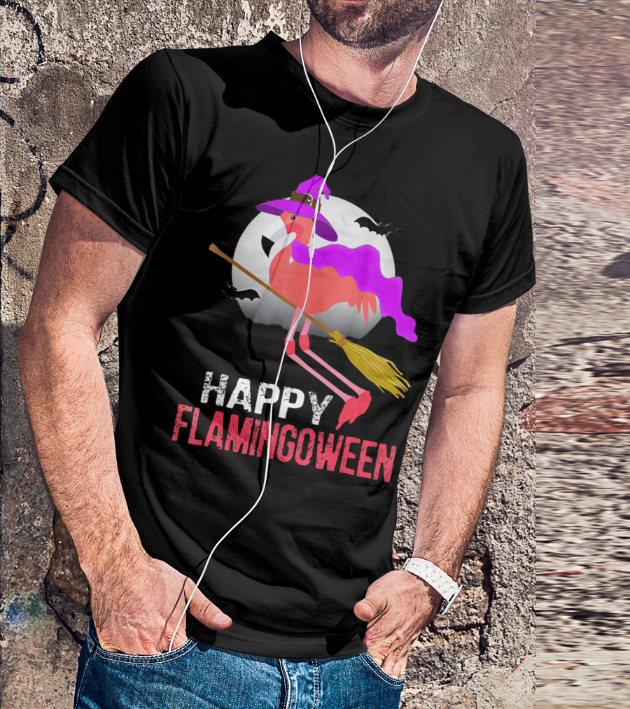 Happy Flamingoween Witch With Flamingo On Broomstick T-Shirt
