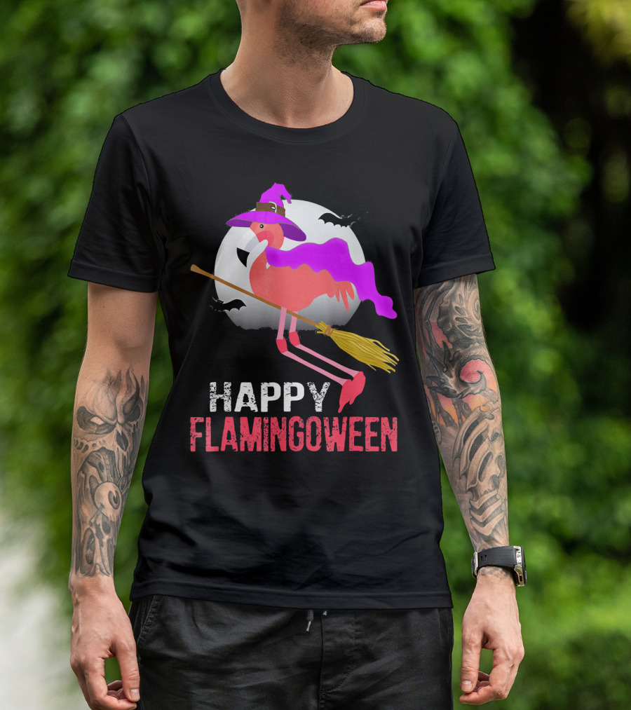 Happy Flamingoween Witch With Flamingo On Broomstick T-Shirt