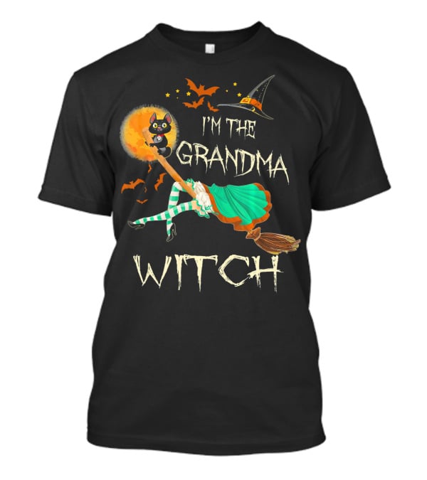 I'm The Grandma Witch Broomstick Flying Black Cat Halloween Bats T-Shirt