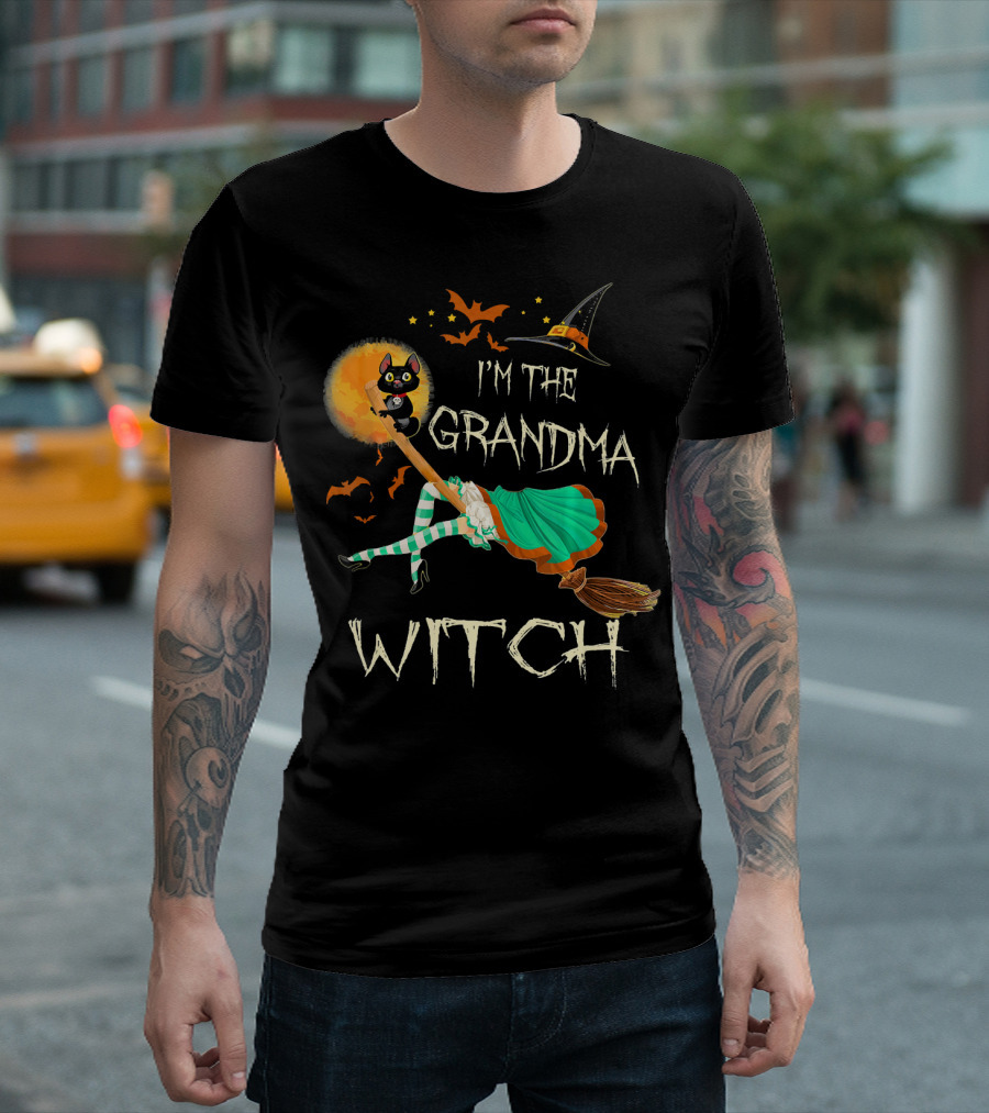 I'm The Grandma Witch Broomstick Flying Black Cat Halloween Bats T-Shirt