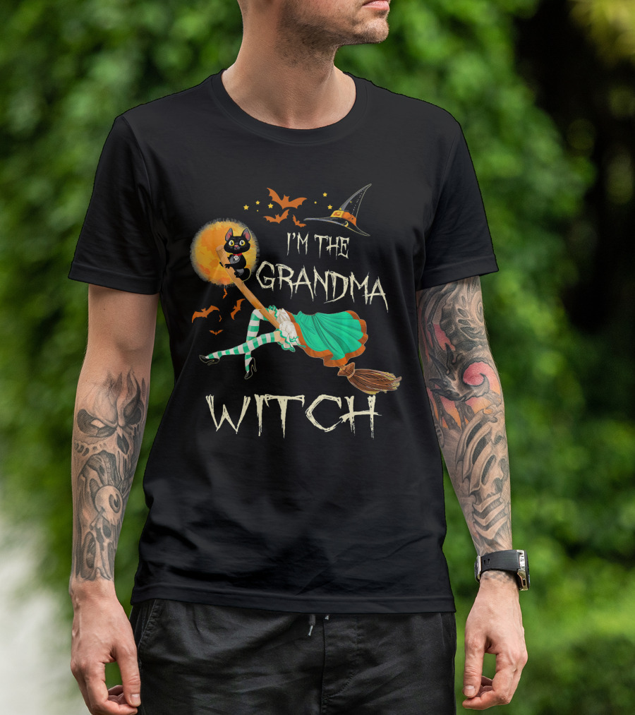 I'm The Grandma Witch Broomstick Flying Black Cat Halloween Bats T-Shirt
