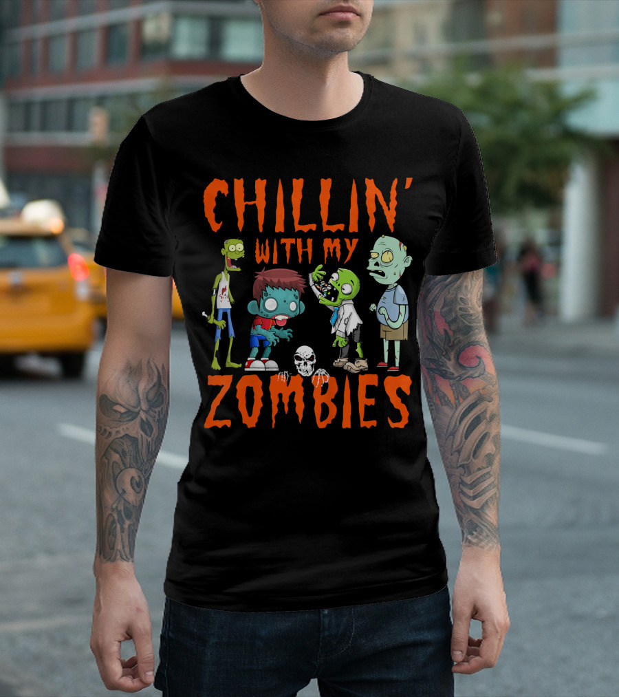 CHILLIN' WITH MY ZOMBIES Kids Halloween Fun T-Shirt