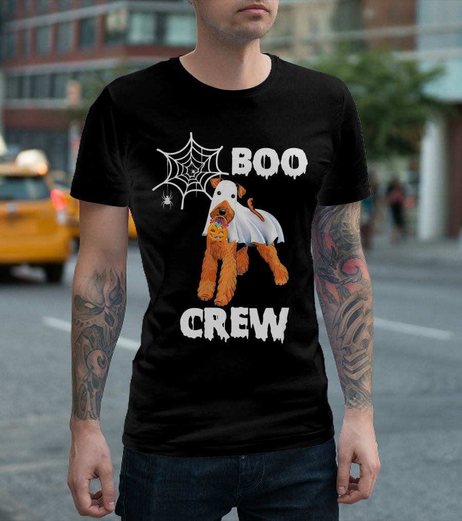 Airedale Terrier Boo Crew Halloween Ghost Costume With Spider Web And Pumpkin T-Shirt