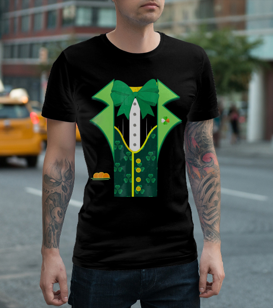 Leprechaun Costume One Sided Green Suit with Bow Tie and Shamrock Symbols T-Shirt