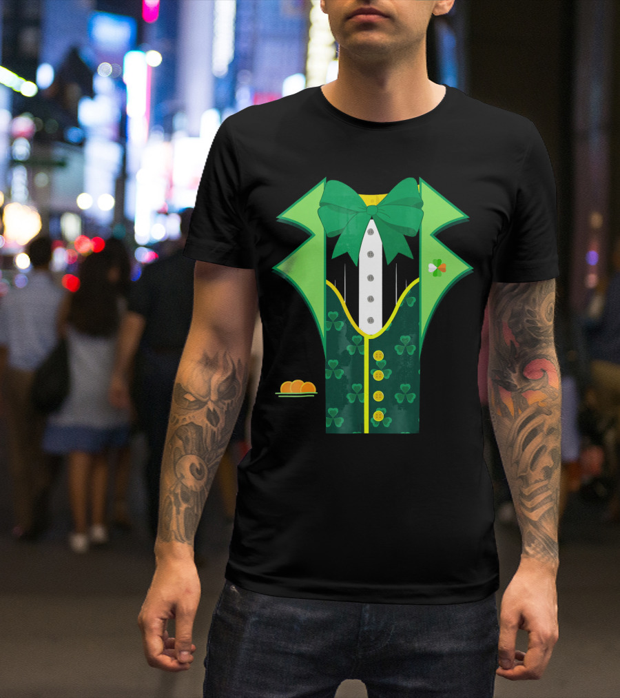 Leprechaun Costume One Sided Green Suit With Bow Tie And Shamrock Symbols T-Shirt